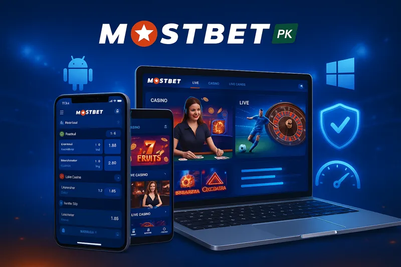 Multi-device display of the Mostbet app on smartphone, tablet, and desktop with icons for Android, iOS, and Windows.