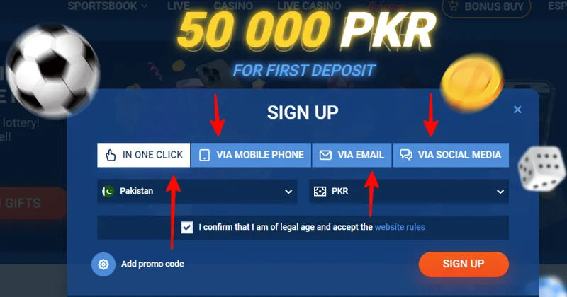 Illustration of different registration methods on Mostbet, including one-click, phone number, email, and social media options.