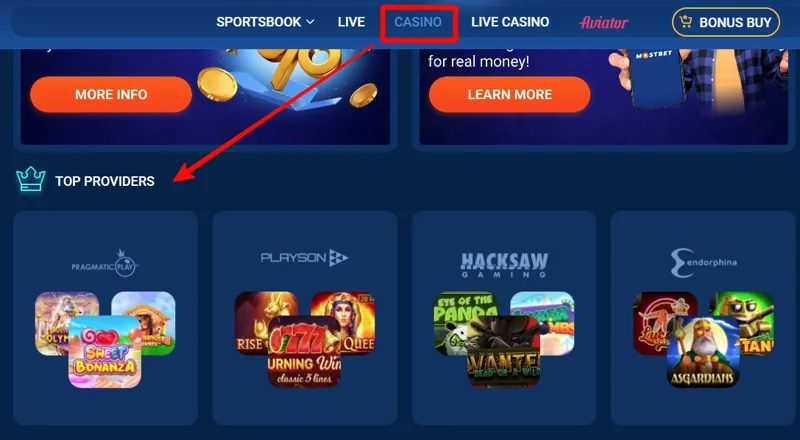 Colorful illustration of online slot machines with spinning reels, jackpot symbols, and casino coins on the Mostbet platform.