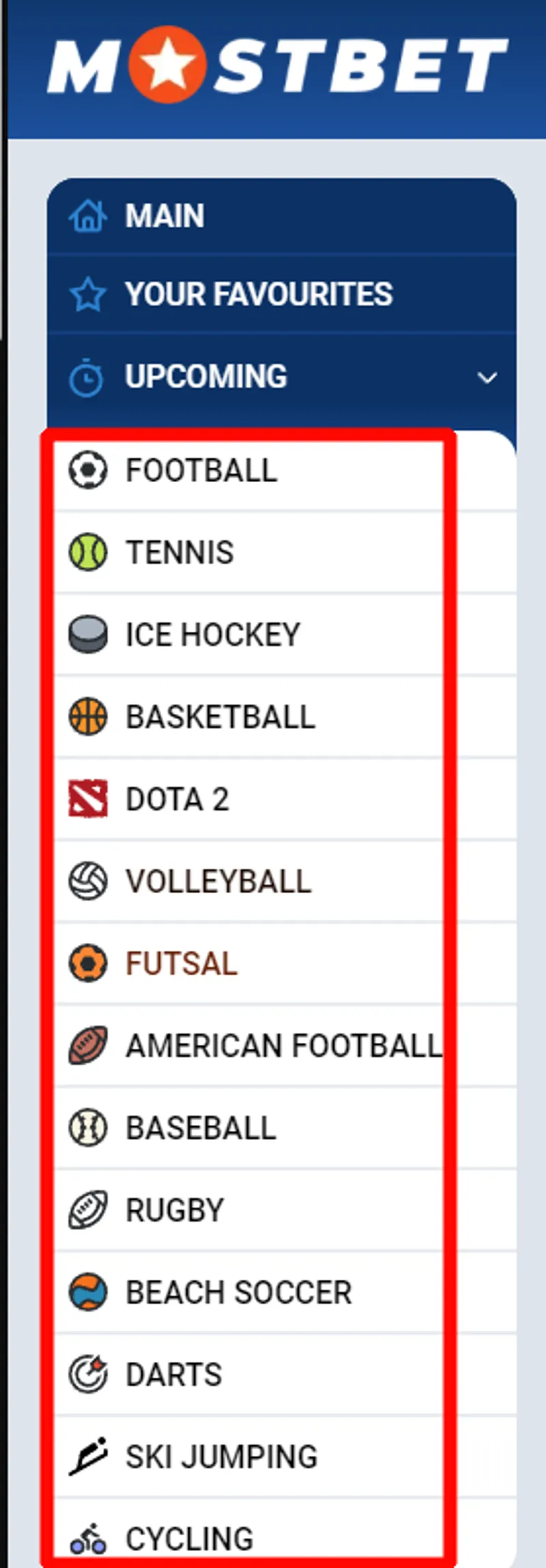 Illustration of a sports betting menu on Mostbet with icons for cricket, football, and tennis being selected by a user.