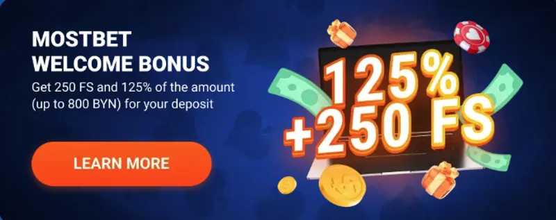Promotional image showing a welcome casino bonus on Mostbet with gift boxes, coins, and slot machine visuals.