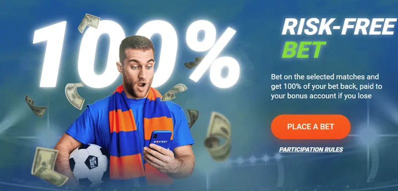 Promotional graphic showing Mostbet's risk-free bet offer with a sports betting slip, shield icon, and refund symbol.
