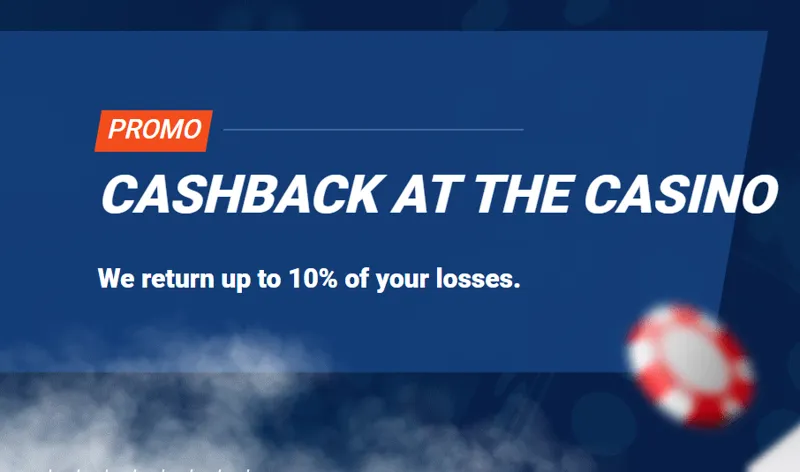 Promotional banner highlighting a 10% casino cashback offer on Mostbet with coins, chips, and a cashback icon.