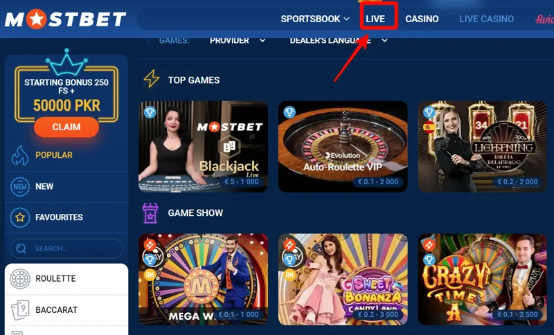 Illustration of live casino games on Mostbet featuring a dealer at a table, roulette wheel, cards, and live video stream interface.