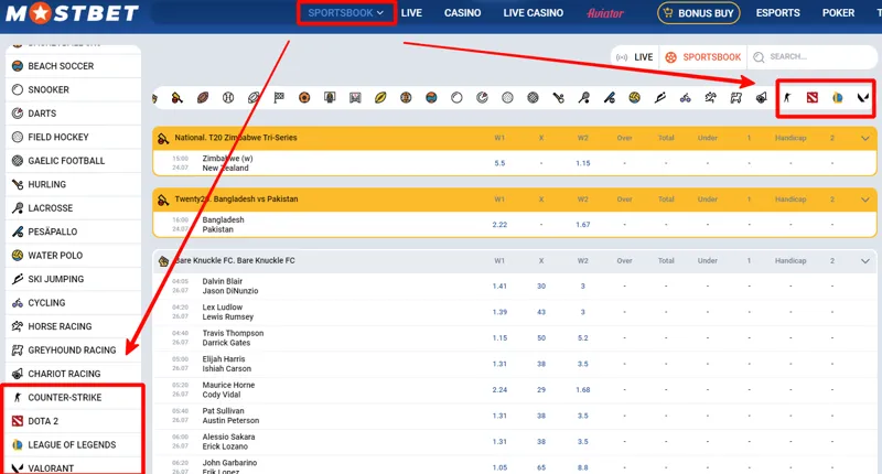 Graphic showing popular eSports titles available on Mostbet, including shooters, MOBAs, and tournament visuals.