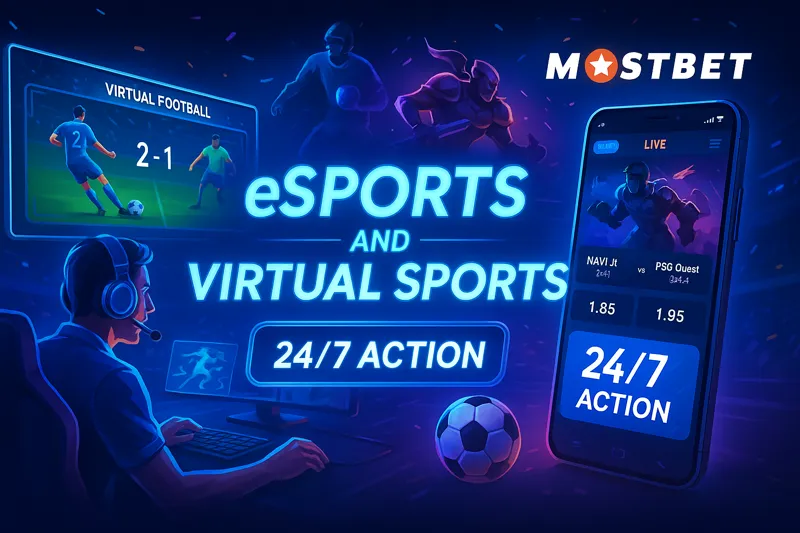 Futuristic banner for eSports and virtual sports betting on Mostbet with gaming visuals and 24/7 action interface.