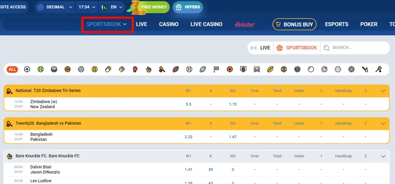 Visual overview of the Mostbet sportsbook section with icons for cricket, football, tennis, and live odds display.