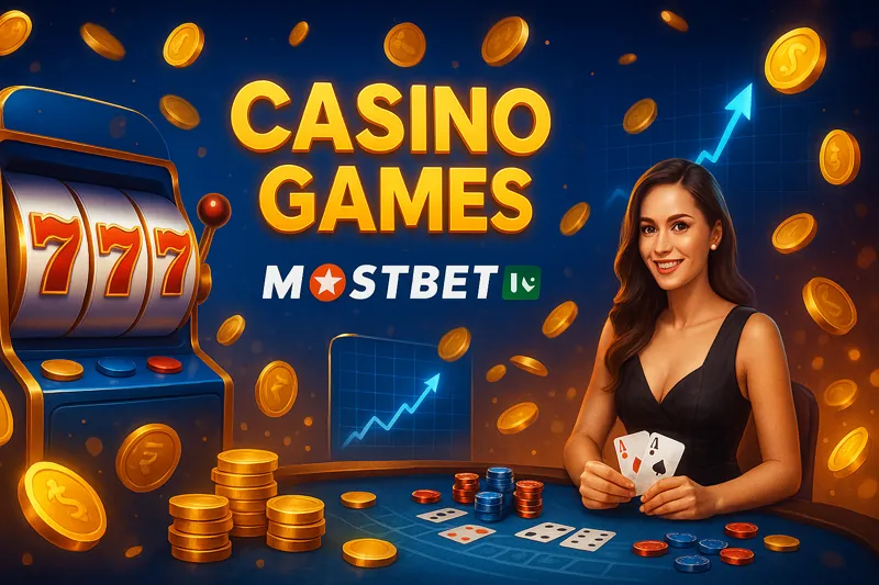 Promotional image showing slot machines, live dealer, crash games, and fast payouts in Mostbet PK online casino.
