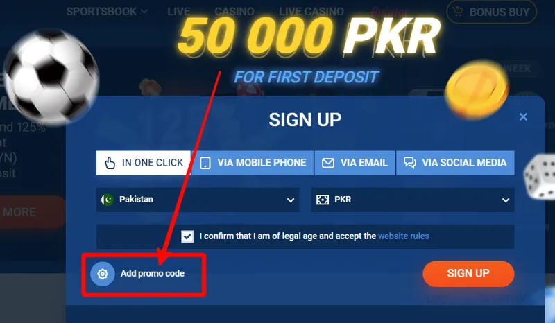 Illustration showing a Mostbet promo code being entered on a registration screen, with bonus icons and 2025 text.