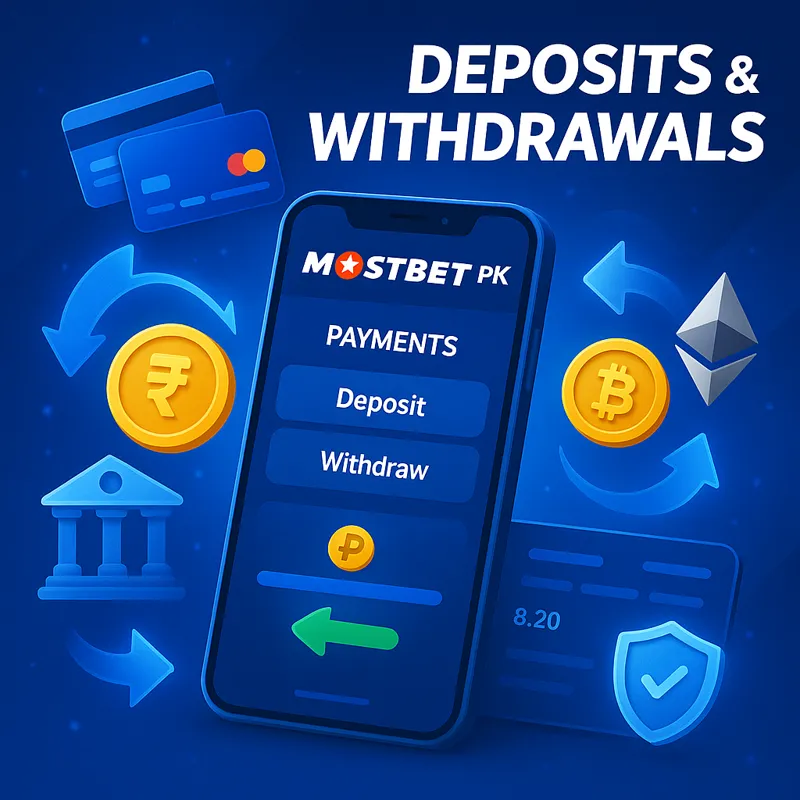 Promotional banner showing deposit and withdrawal options on Mostbet PK, with banking and crypto icons, and secure transactions.