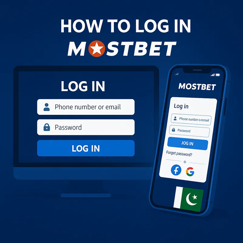 Illustration showing the login process to Mostbet via website and mobile app, with input fields for phone, email, and password.