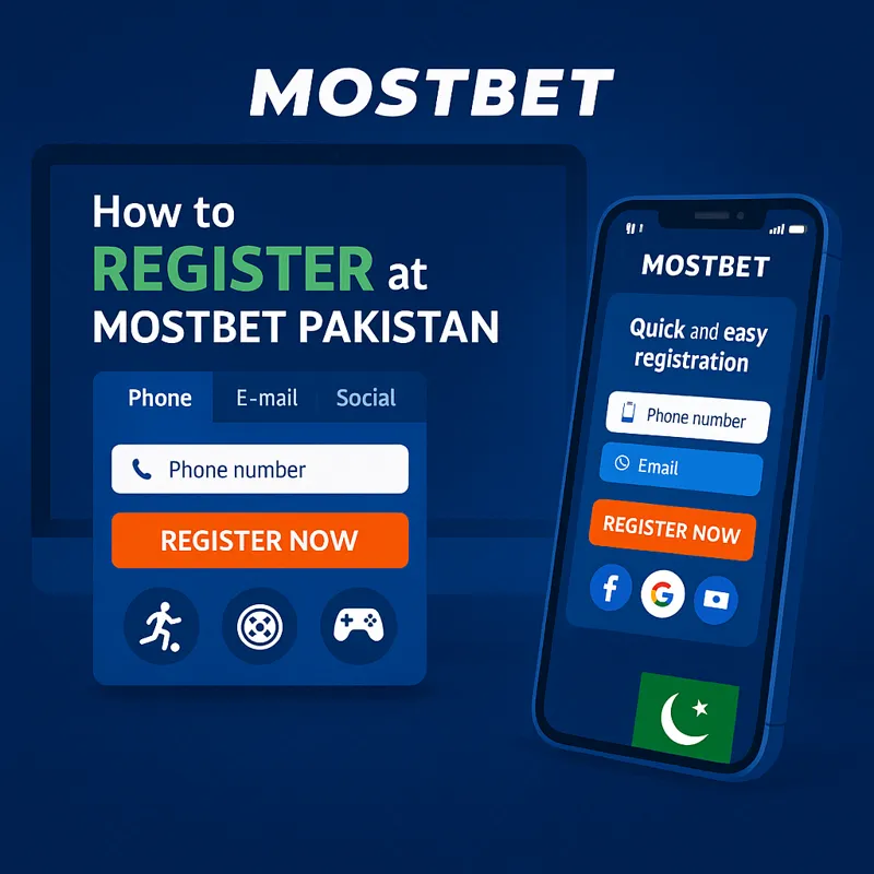 Visual guide showing the registration process on Mostbet Pakistan for sports betting, casino, and online gaming.