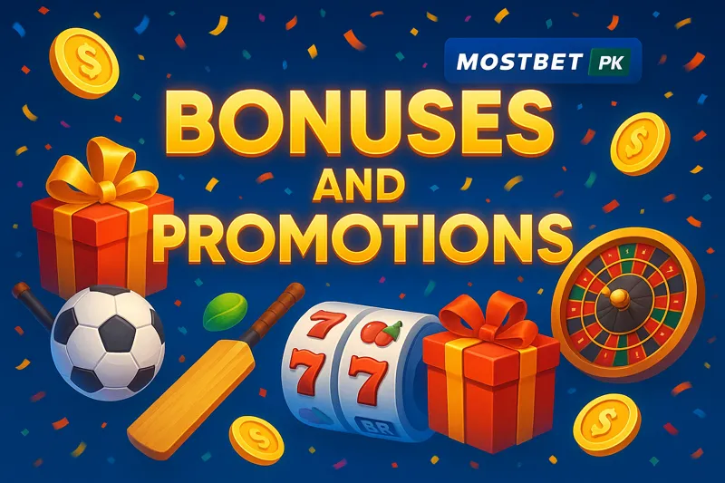 Promotional banner showing bonuses and offers at Mostbet PK with sports, casino, and slot symbols.