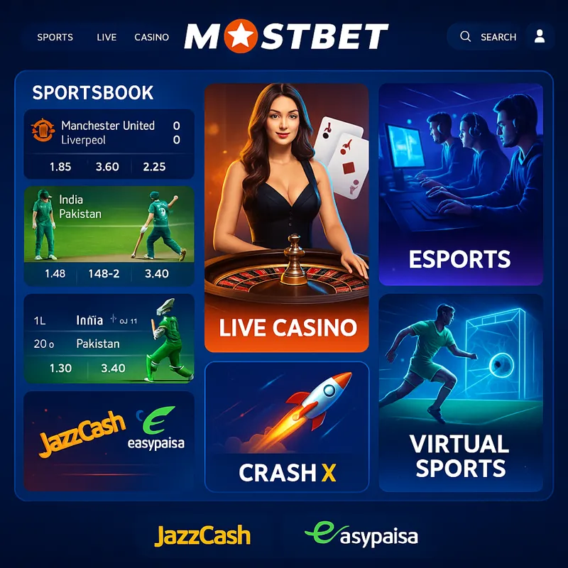 Overview image of the Mostbet platform showing sportsbook, live casino, esports, and crash games available in Pakistan.