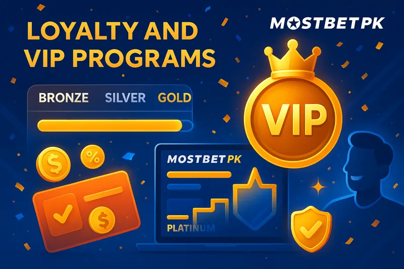 Promotional graphic showing Mostbet’s VIP and loyalty rewards, with tier levels, cashback, and golden badges.