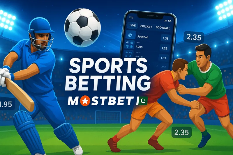 Sports betting banner featuring cricket, football, kabaddi, and the Mostbet PK app with local flair.