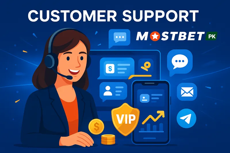 Promotional image showing customer support at Mostbet PK with live chat, email, and Telegram options.